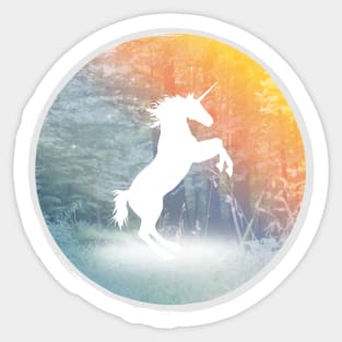 white unicorn silhouette in the magic forest Sticker